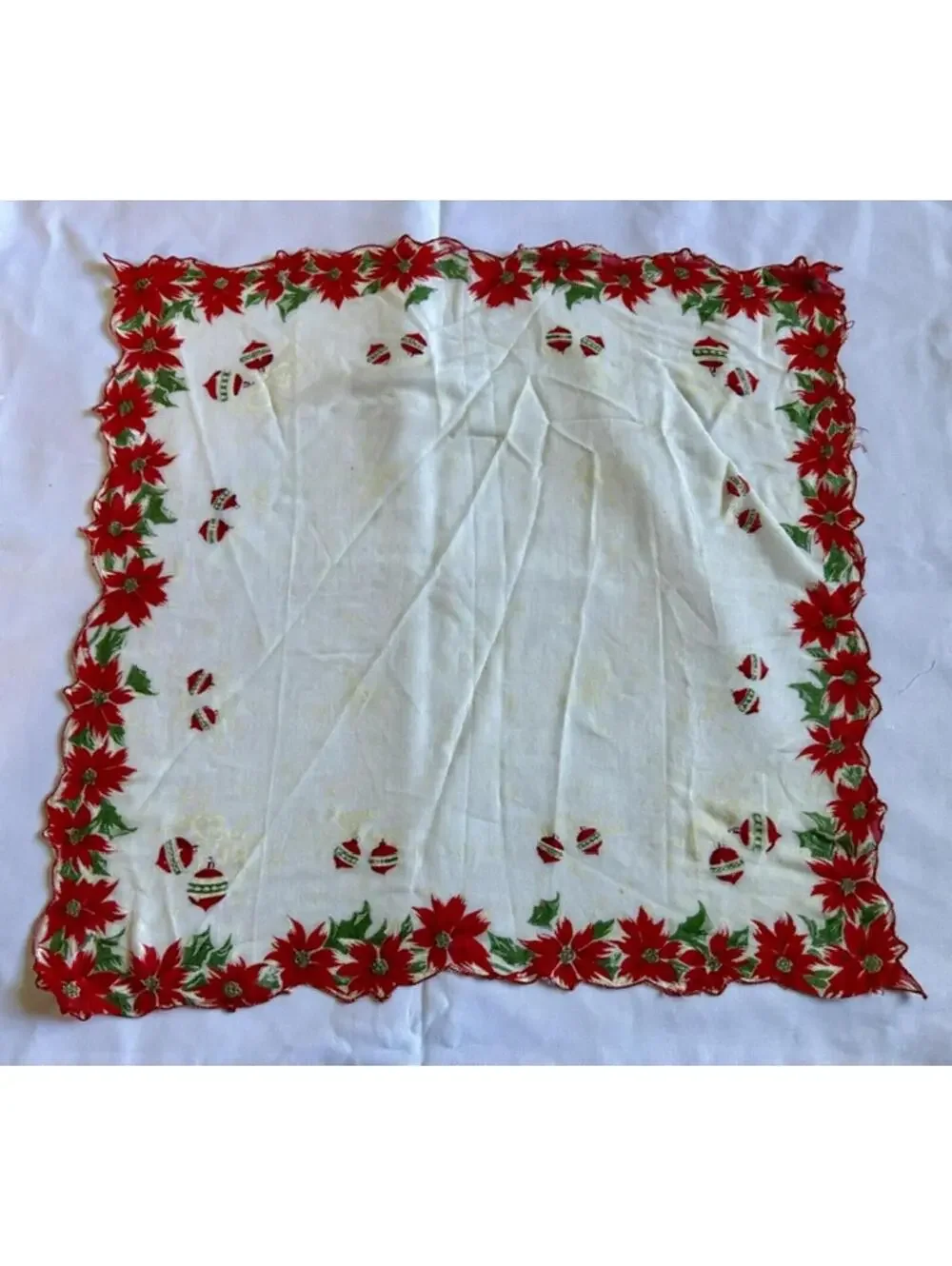 Vintage Christmas Holiday Tablecloth with Poinsettia and Ornament Design